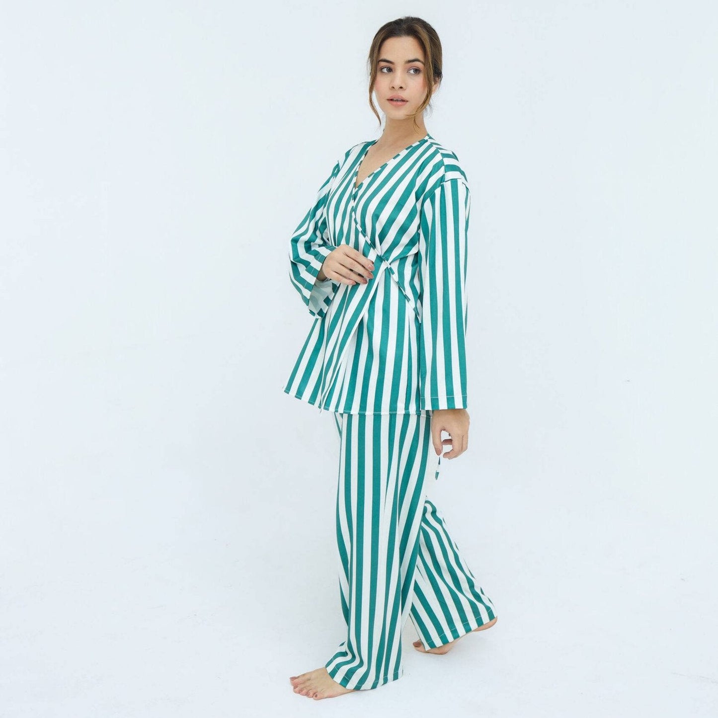 Green Silk Wide Stripes Printed Robe for | Women's Robe | AdoreRobe