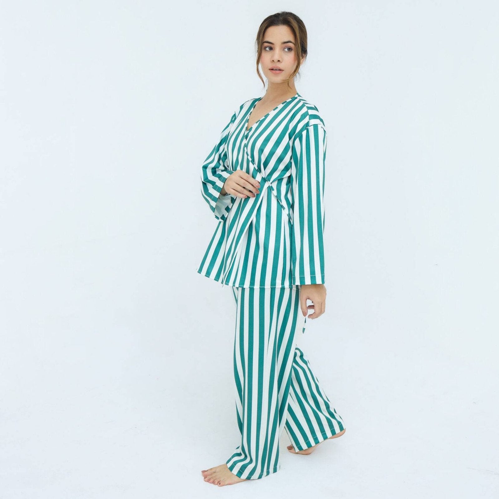 Green Silk Wide Stripes Printed Robe for | Women's Robe | AdoreRobe