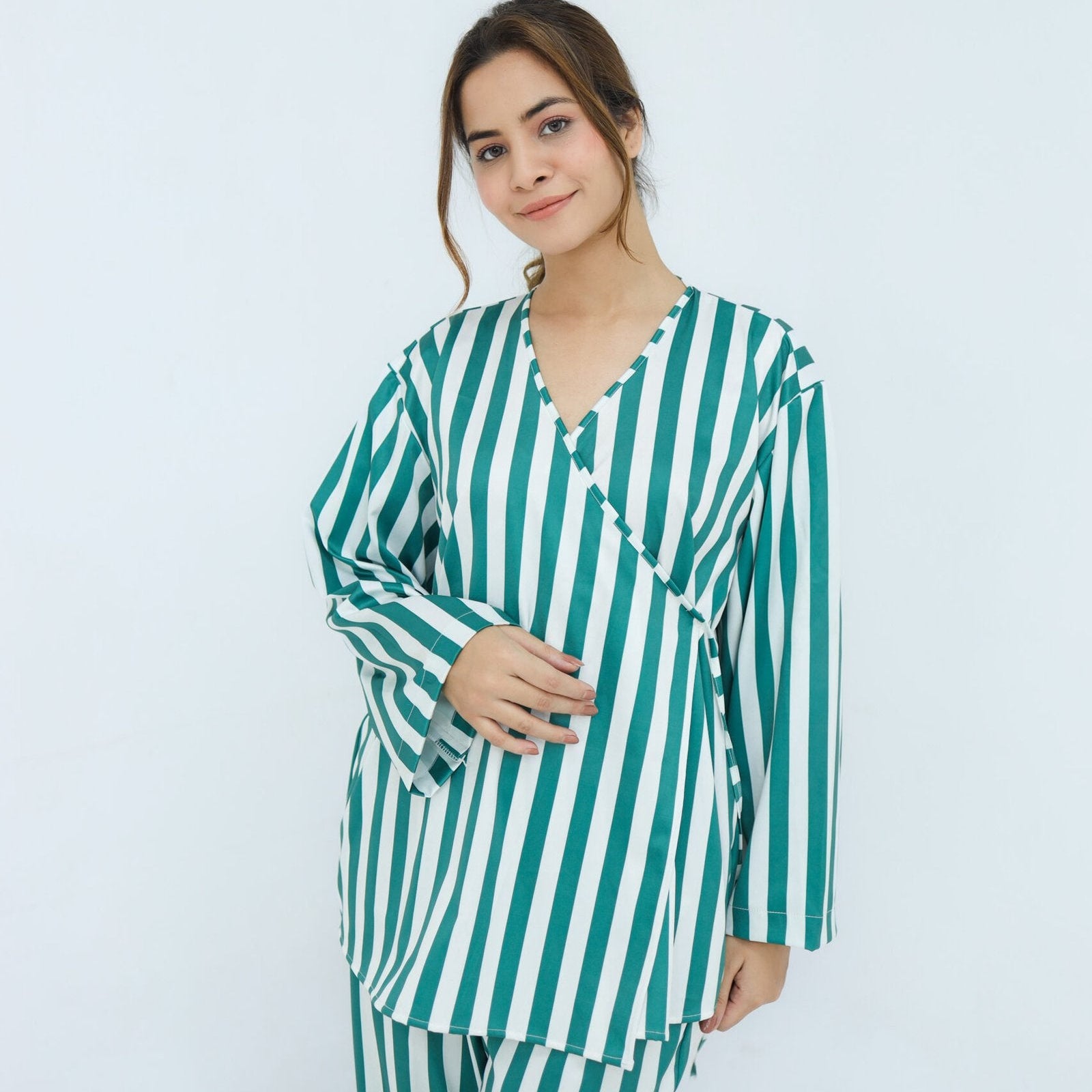 Green Silk Wide Stripes Printed Robe for | Women's Robe | AdoreRobe