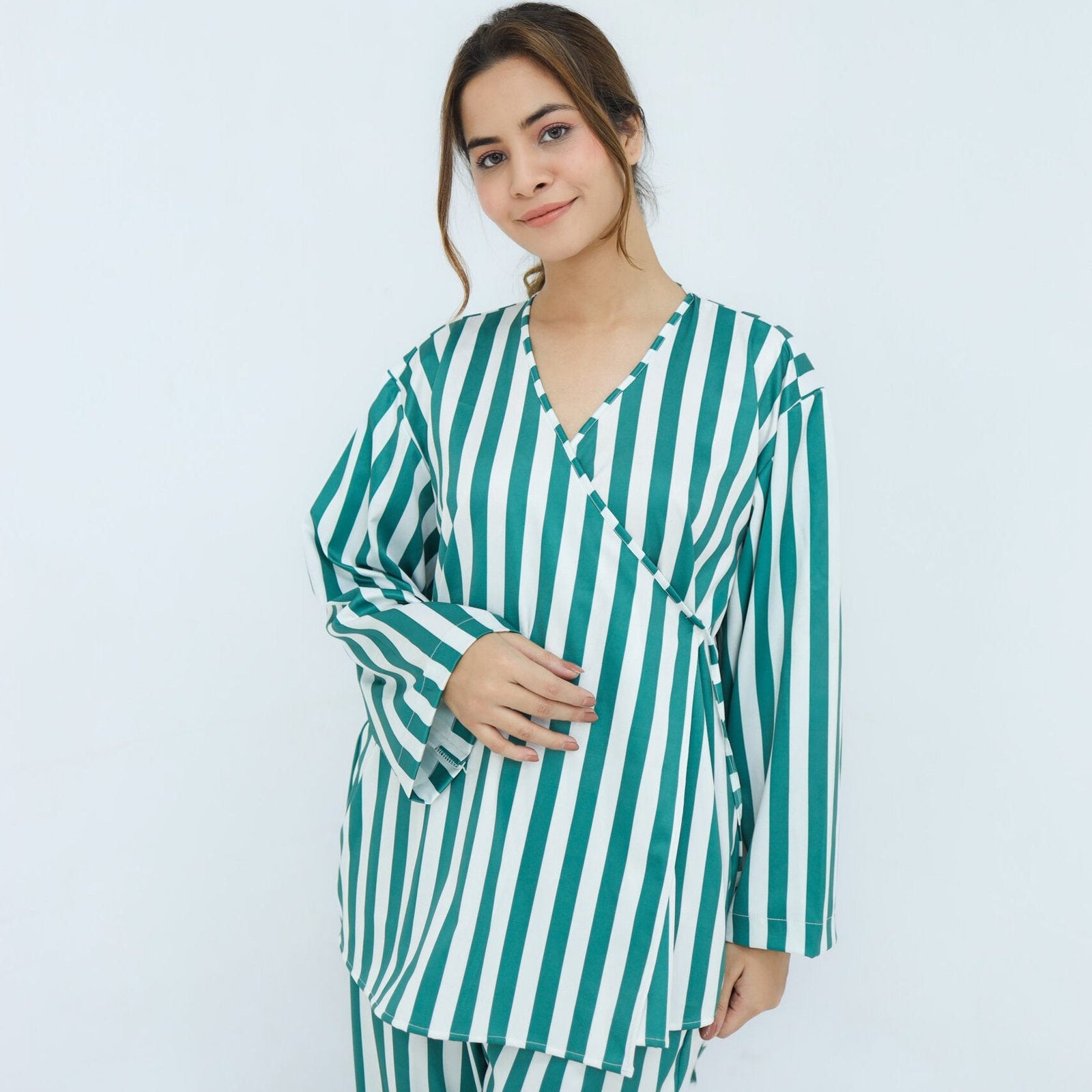 Green Silk Wide Stripes Printed Robe for | Women's Robe | AdoreRobe