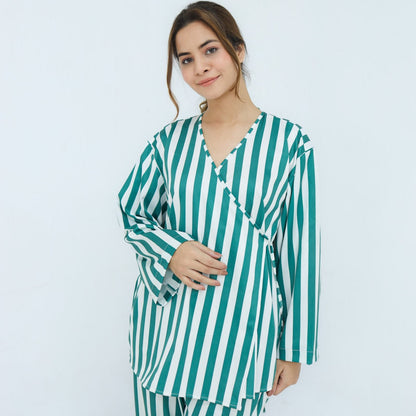 Green Silk Wide Stripes Printed Robe for | Women's Robe | AdoreRobe