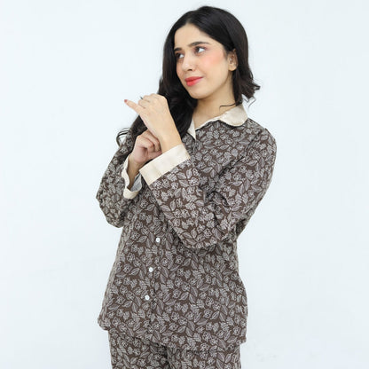 Brown Winter Cotton Leafy Swirls | Men's Nightwear | AdoreRobe