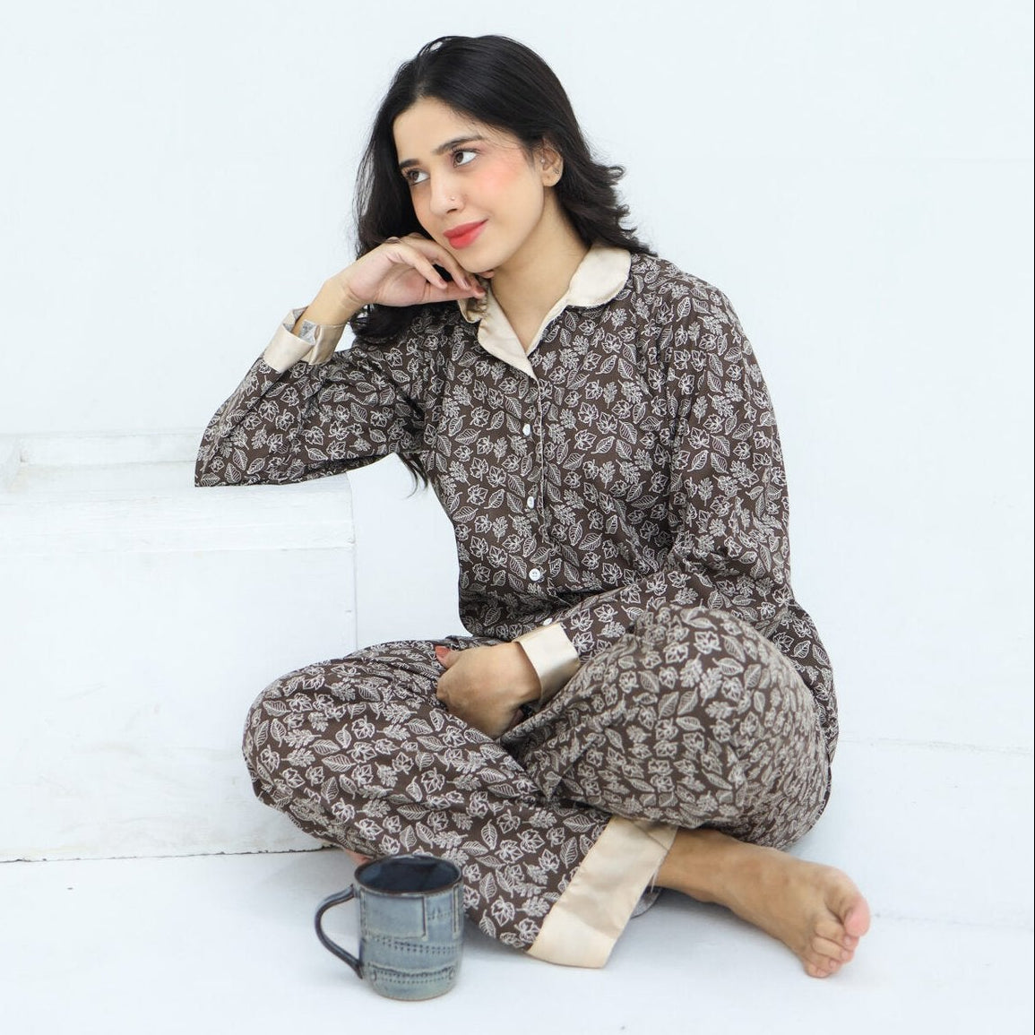 Brown Winter Cotton Leafy Swirls | Men's Nightwear | AdoreRobe