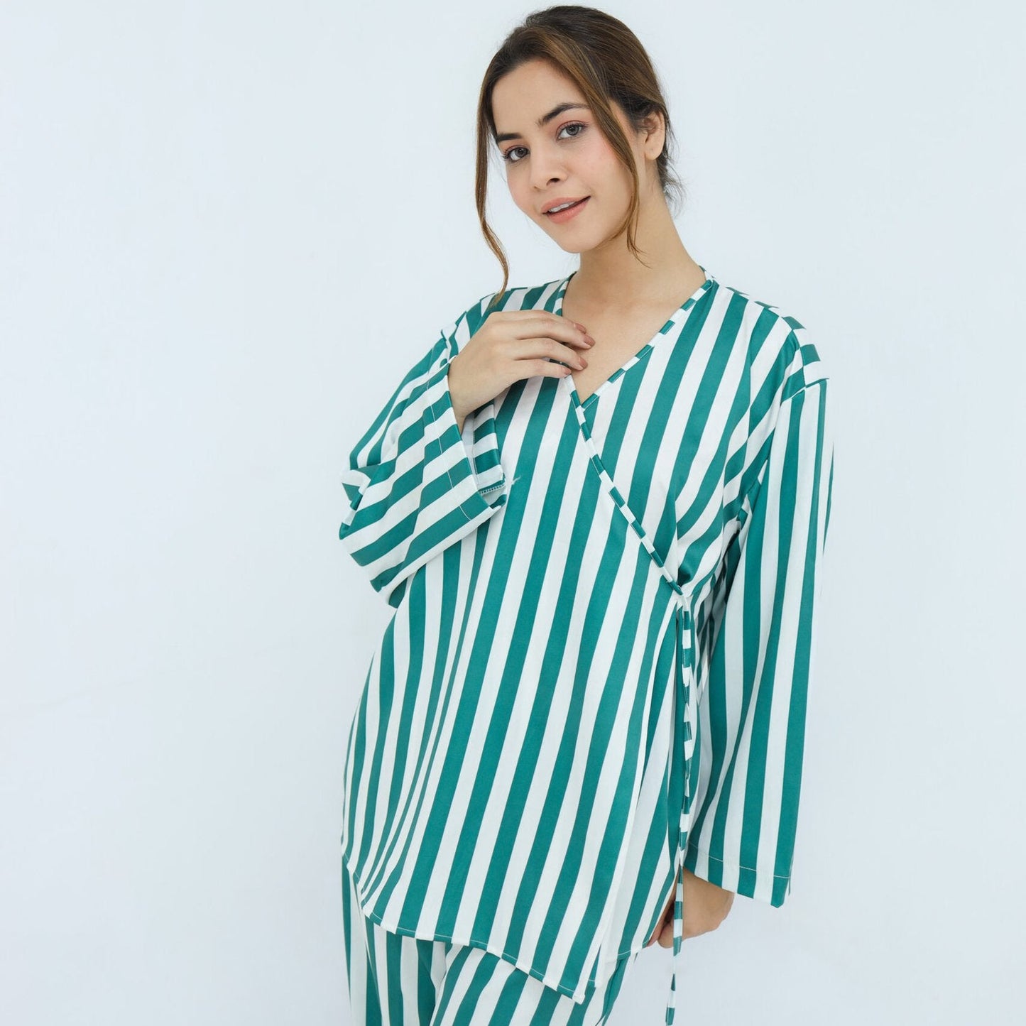 Green Silk Wide Stripes Printed Robe for | Women's Robe | AdoreRobe