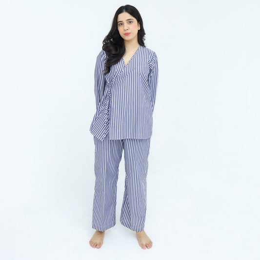 Blue White Cotton Narrow Stripes Printed | Women's Robe | AdoreRobe