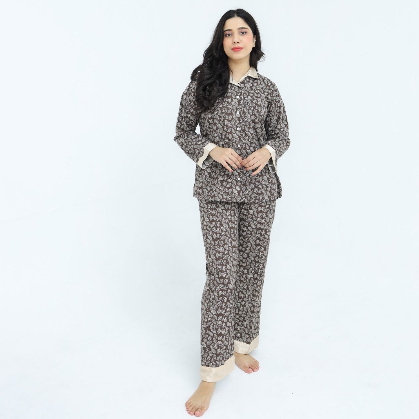 Brown Winter Cotton Leafy Swirls | Men's Nightwear | AdoreRobe