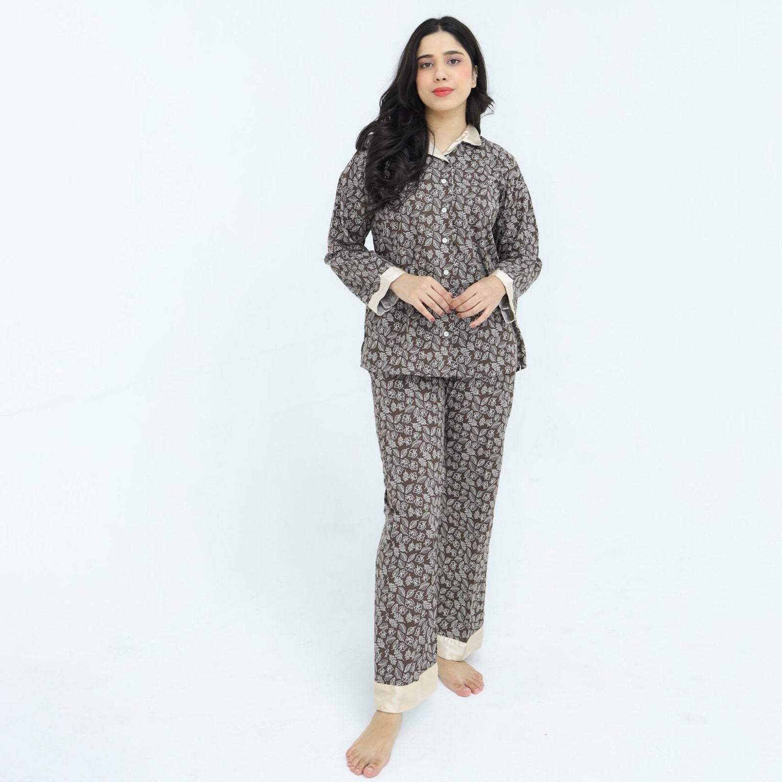 Brown Winter Cotton Leafy Swirls | Men's Nightwear | AdoreRobe