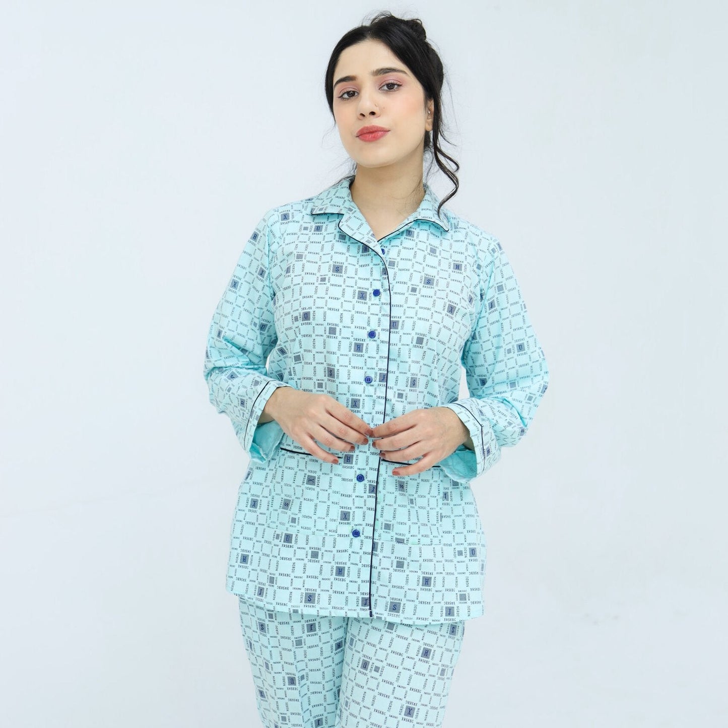 Sky Blue Winter Cotton Alpha Printed PJ | Men's Nightwear | AdoreRobe