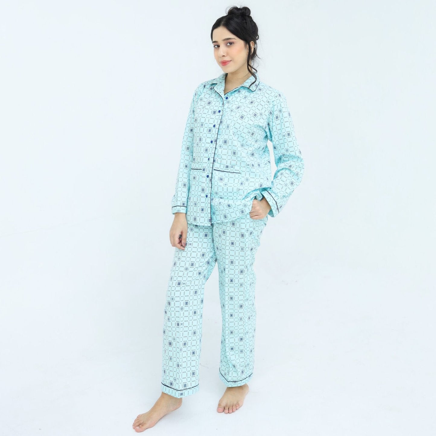 Sky Blue Winter Cotton Alpha Printed PJ | Men's Nightwear | AdoreRobe