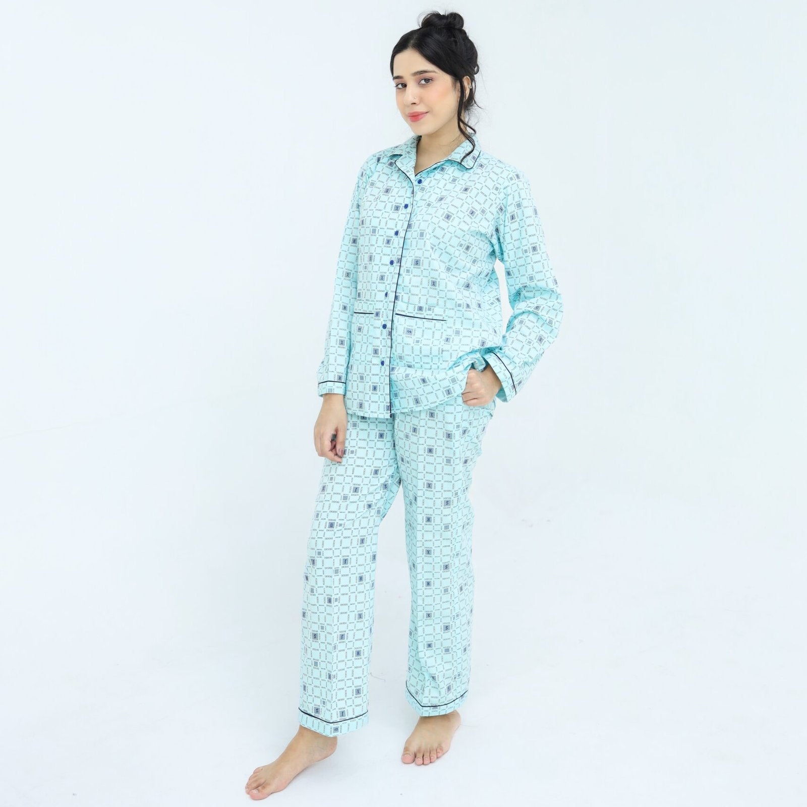 Sky Blue Winter Cotton Alpha Printed PJ | Men's Nightwear | AdoreRobe