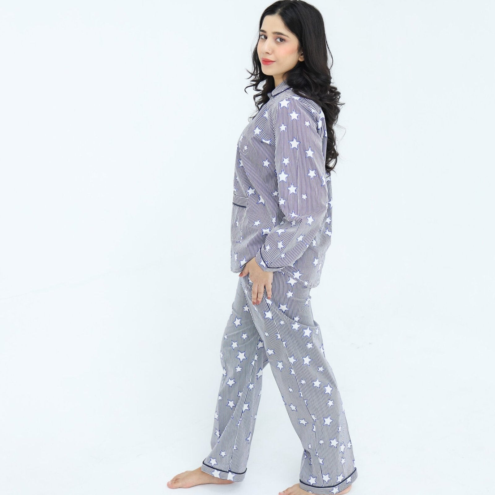 Lite blue Cotton star line Printed PJ | Men's Nightwear | AdoreRobe