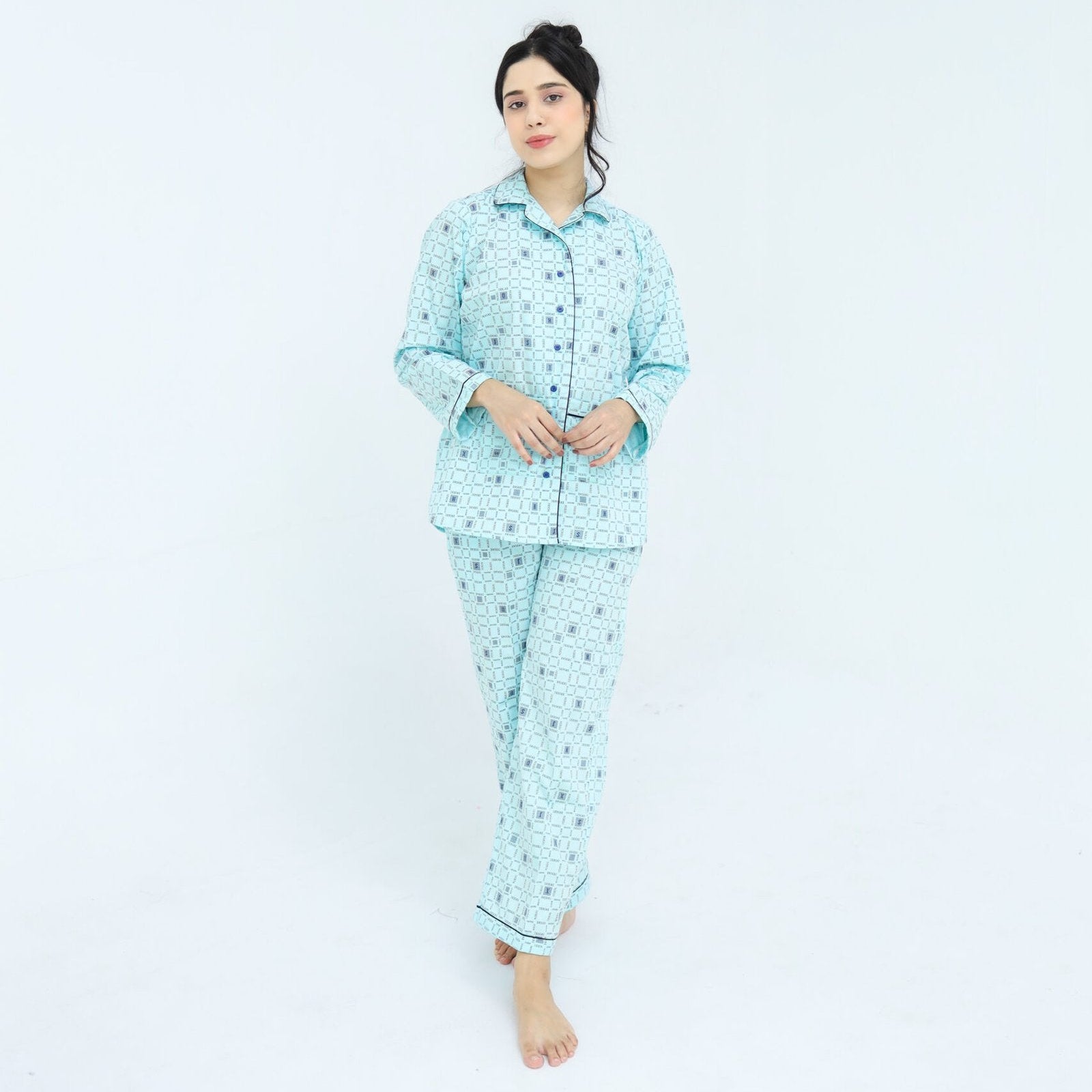 Sky Blue Winter Cotton Alpha Printed PJ | Men's Nightwear | AdoreRobe