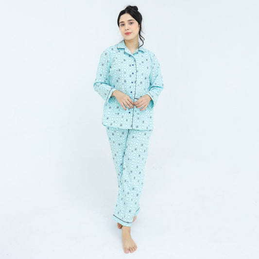 Sky Blue Winter Cotton Alpha Printed PJ | Men's Nightwear | AdoreRobe