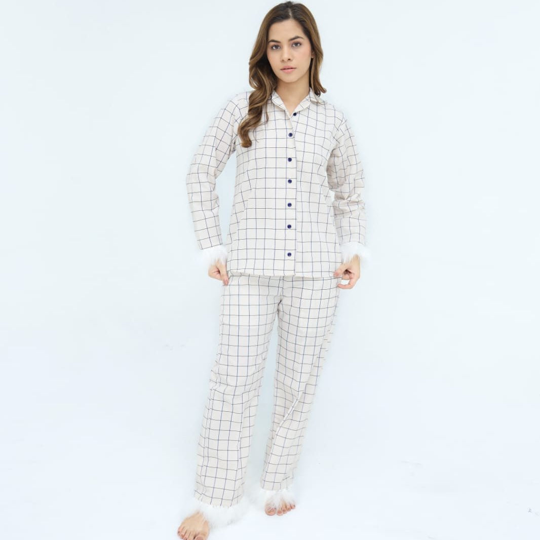 Luxury Creamy White Cotton Check | Men's Nightwear | AdoreRobe