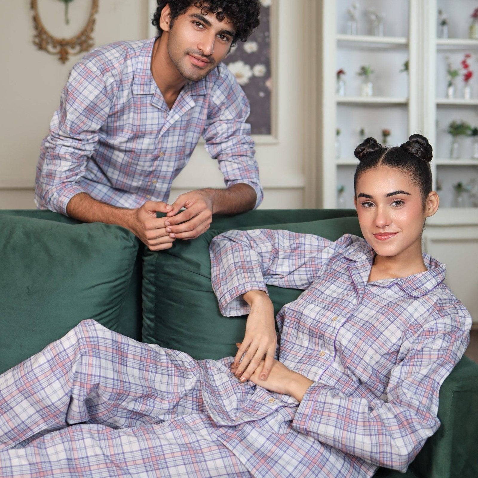 Lite Purple Cambric White Check | Couple Nightwear | AdoreRobe