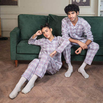 Lite Purple Cambric White Check | Couple Nightwear | AdoreRobe