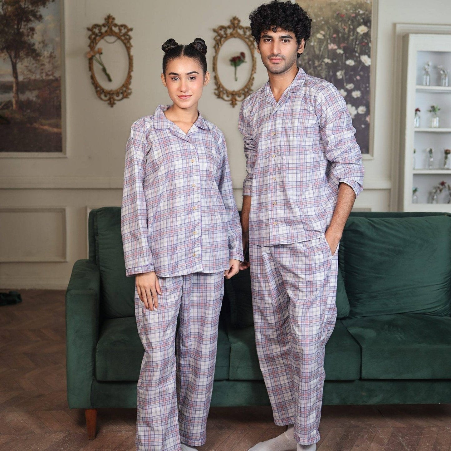 Lite Purple Cambric White Check | Couple Nightwear | AdoreRobe